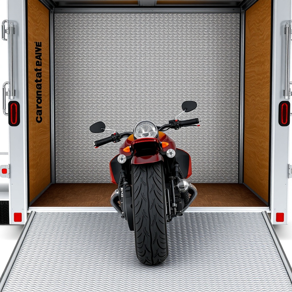 A close-up photorealistic image of a Cargomate 6x10 ramp door in the lowered position