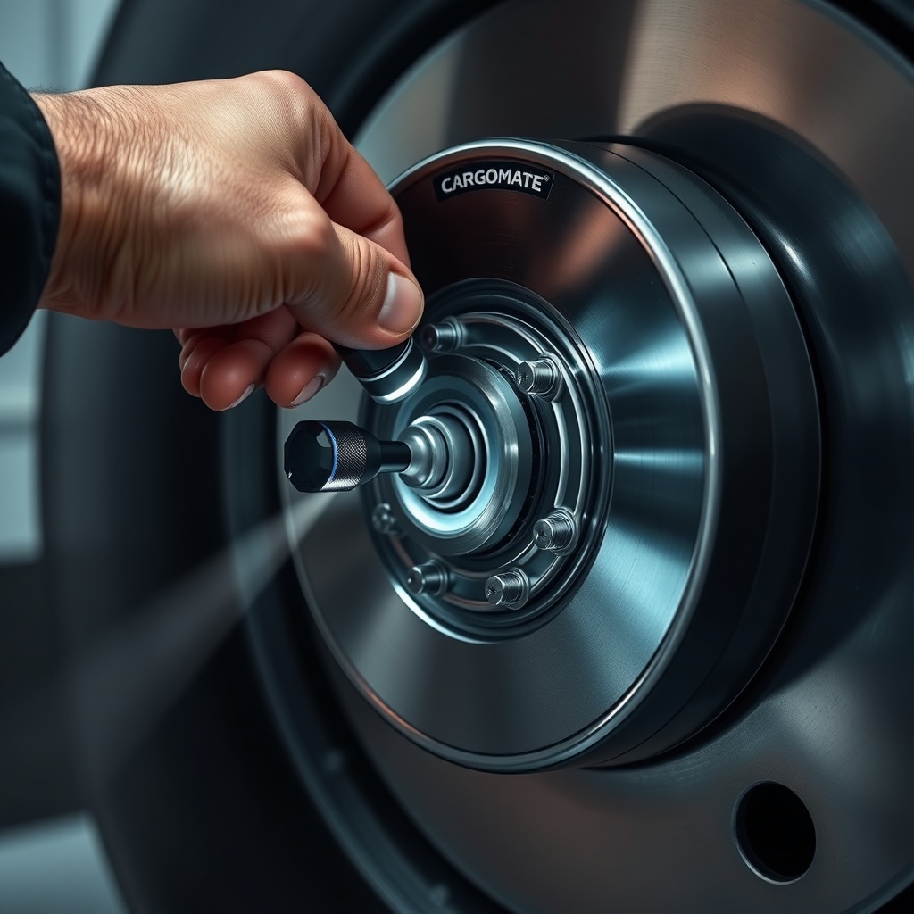 <clean photorealistic photo of a mechanic's hand adjusting an electric brake star wheel on