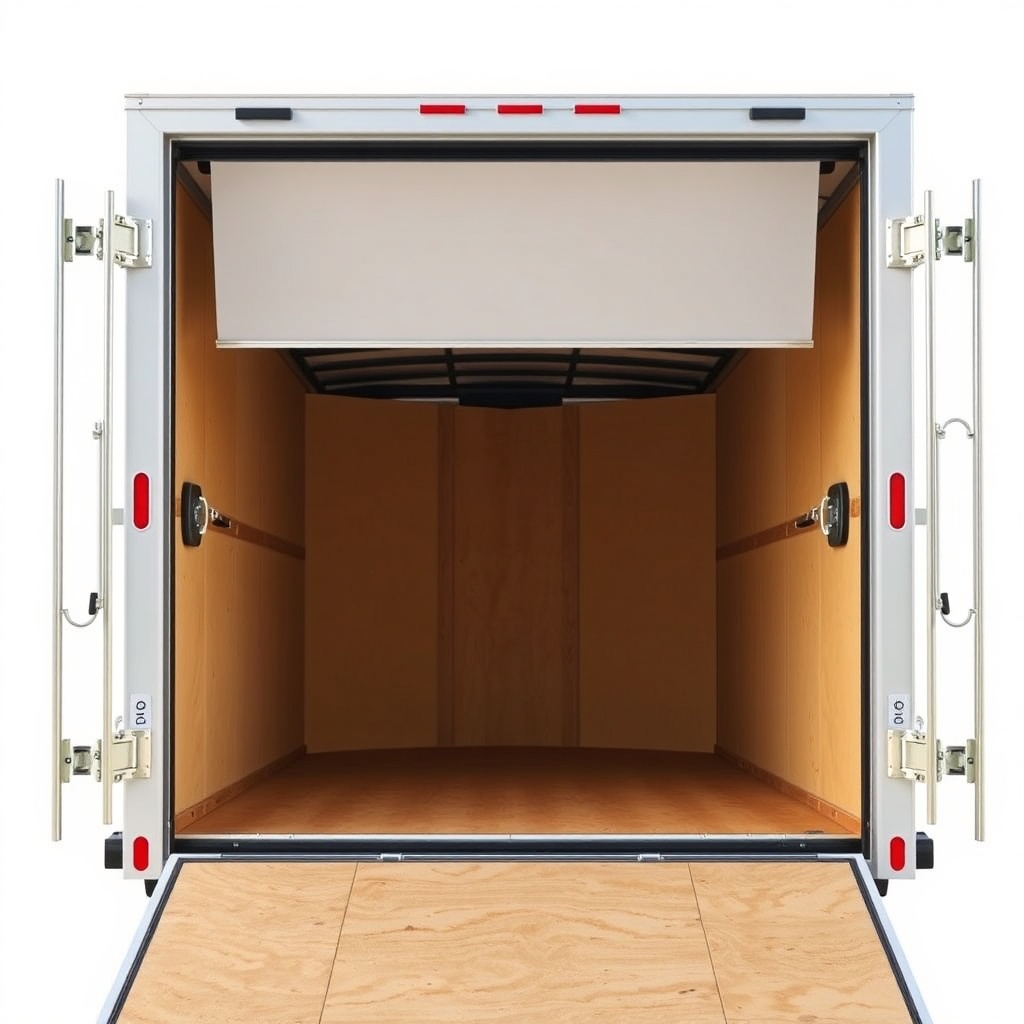 <A 6x10 cargo trailer's rear ramp gate with two visible extension springs hooked to frame