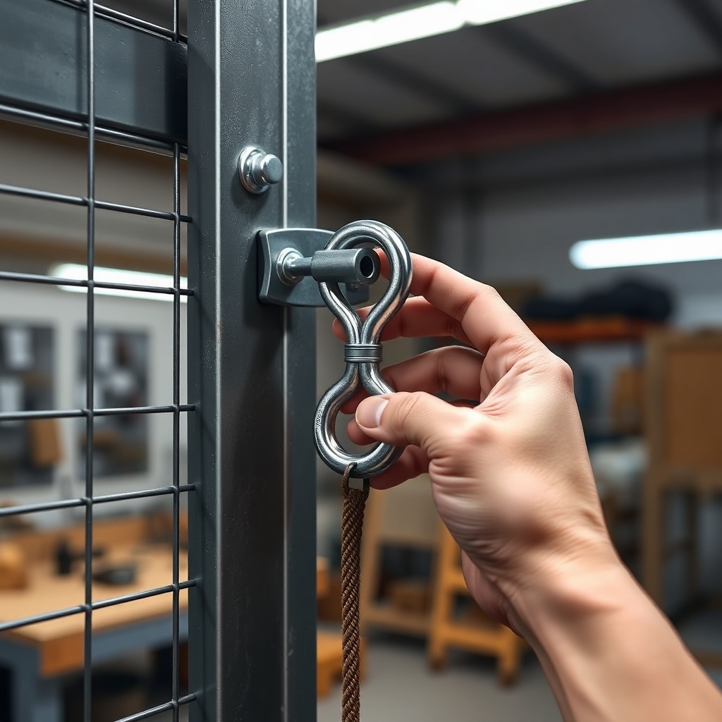 <Close-up of a hand adjusting a gate spring hook on a Cargomate 6x10