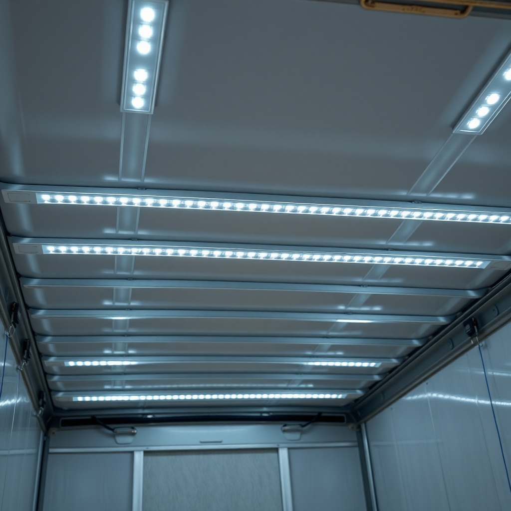 A clean photorealistic photo showing LED strip lights adhered to the ceiling ribs of a Con