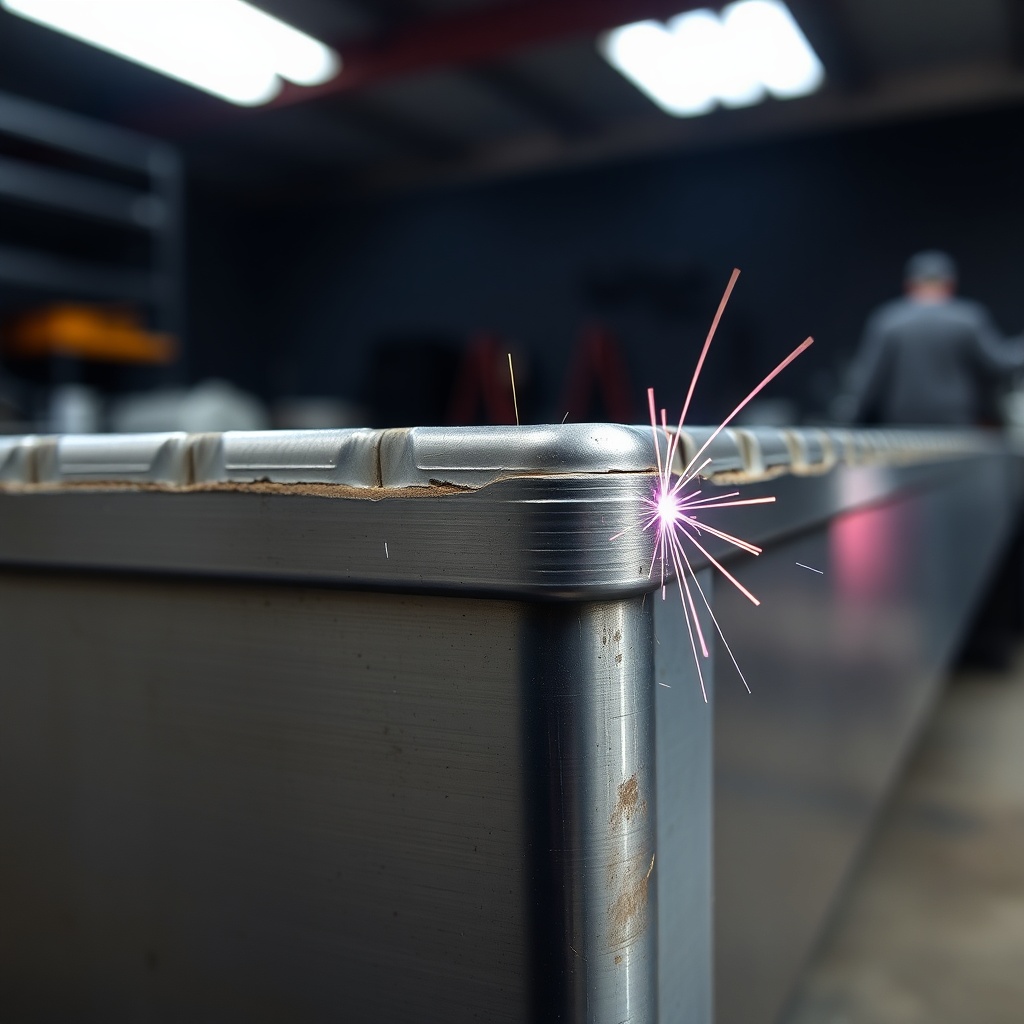A close-up macro photograph of a clean MIG weld bead on the steel tongue of a Haulmark Edg