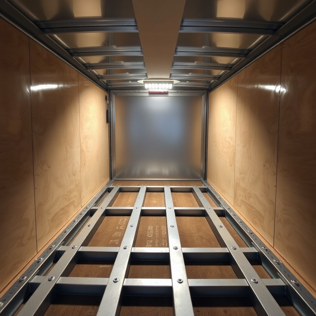 A wide-angle photograph of the interior of a Haulmark Edge 6x12 cargo trailer showing the