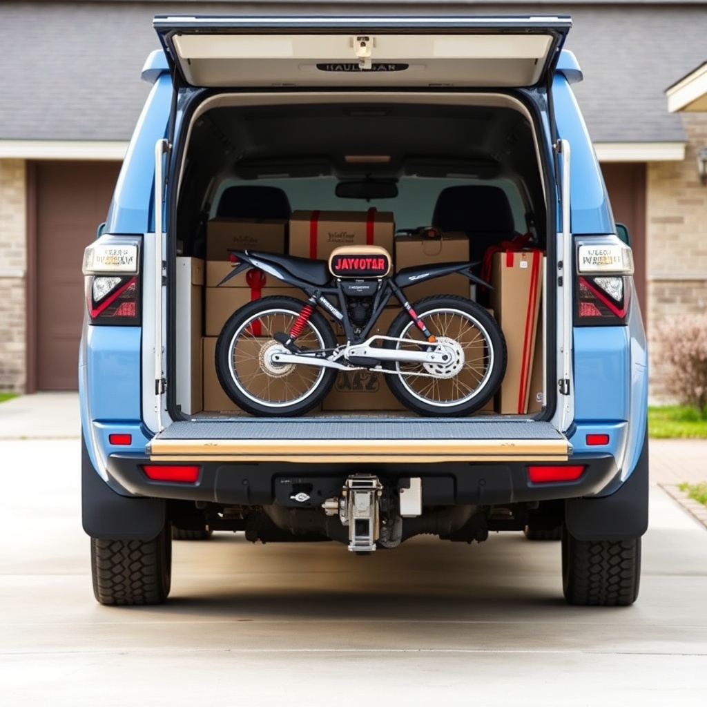 A mid-size SUV (blue Toyota 4Runner) backed up to a white Haulmark Edge 6x12 trailer on a