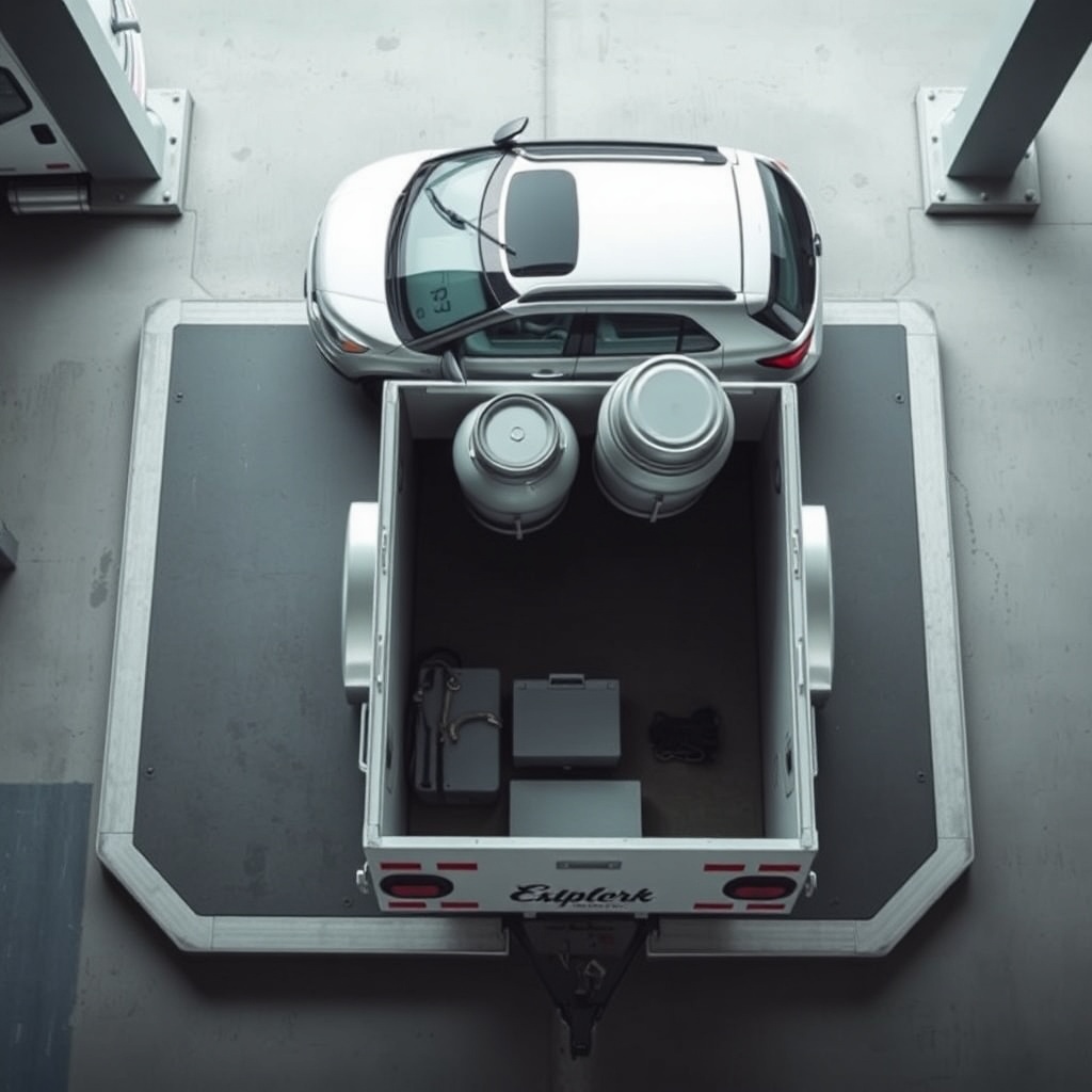 Overhead view of a mid-size SUV (silver Ford Explorer) on a scale pad at a weigh station