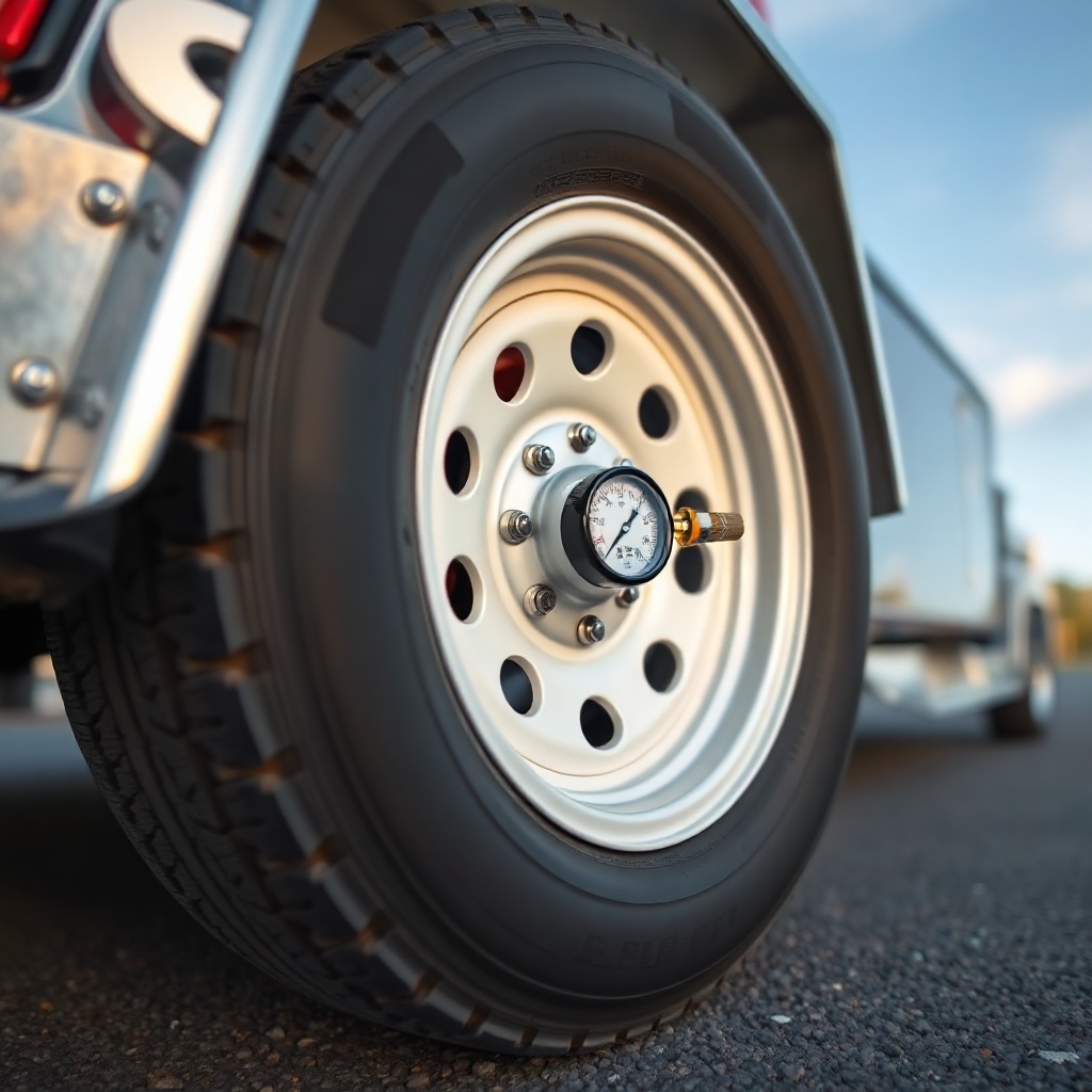 A photorealistic photo of a Haulmark Edge 6x12 trailer tire and wheel