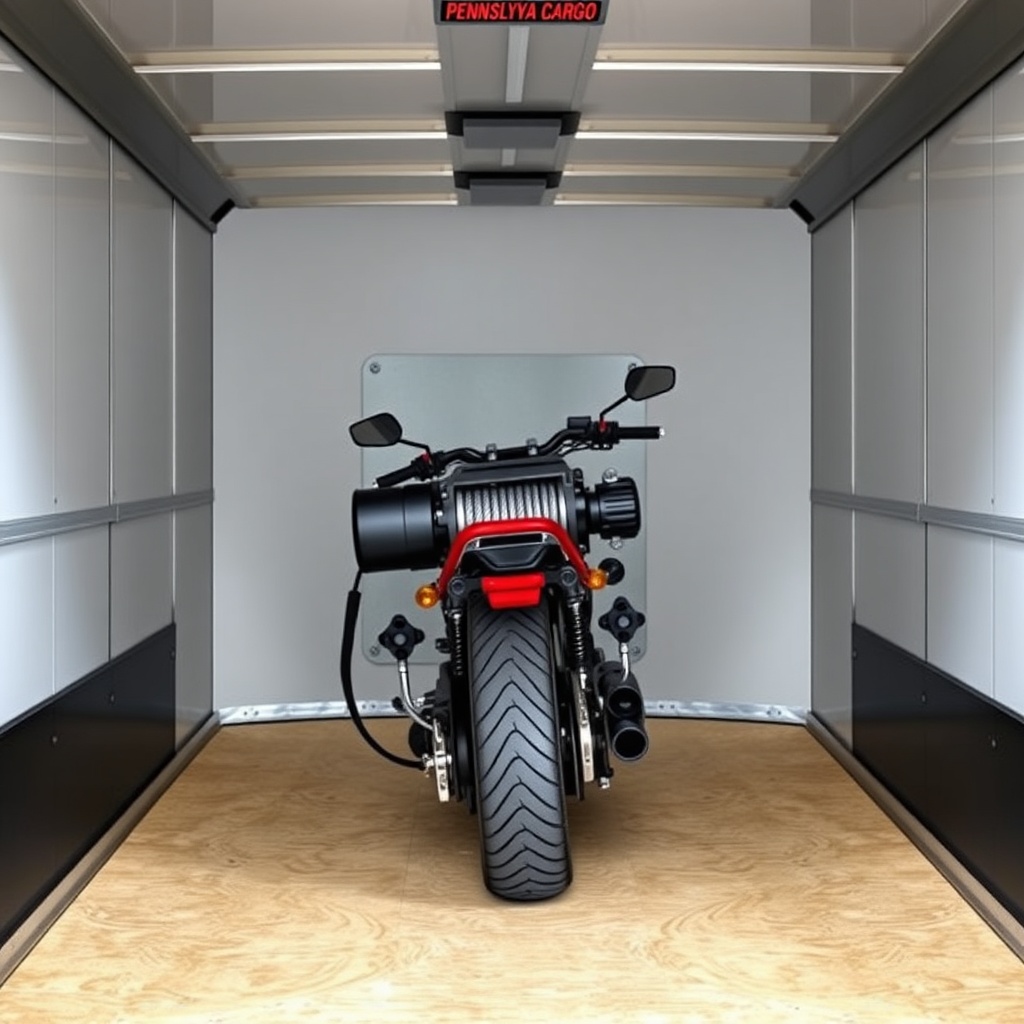 A photorealistic photo of a Pennsylvania Cargo 6x12 trailer interior showing the front wal