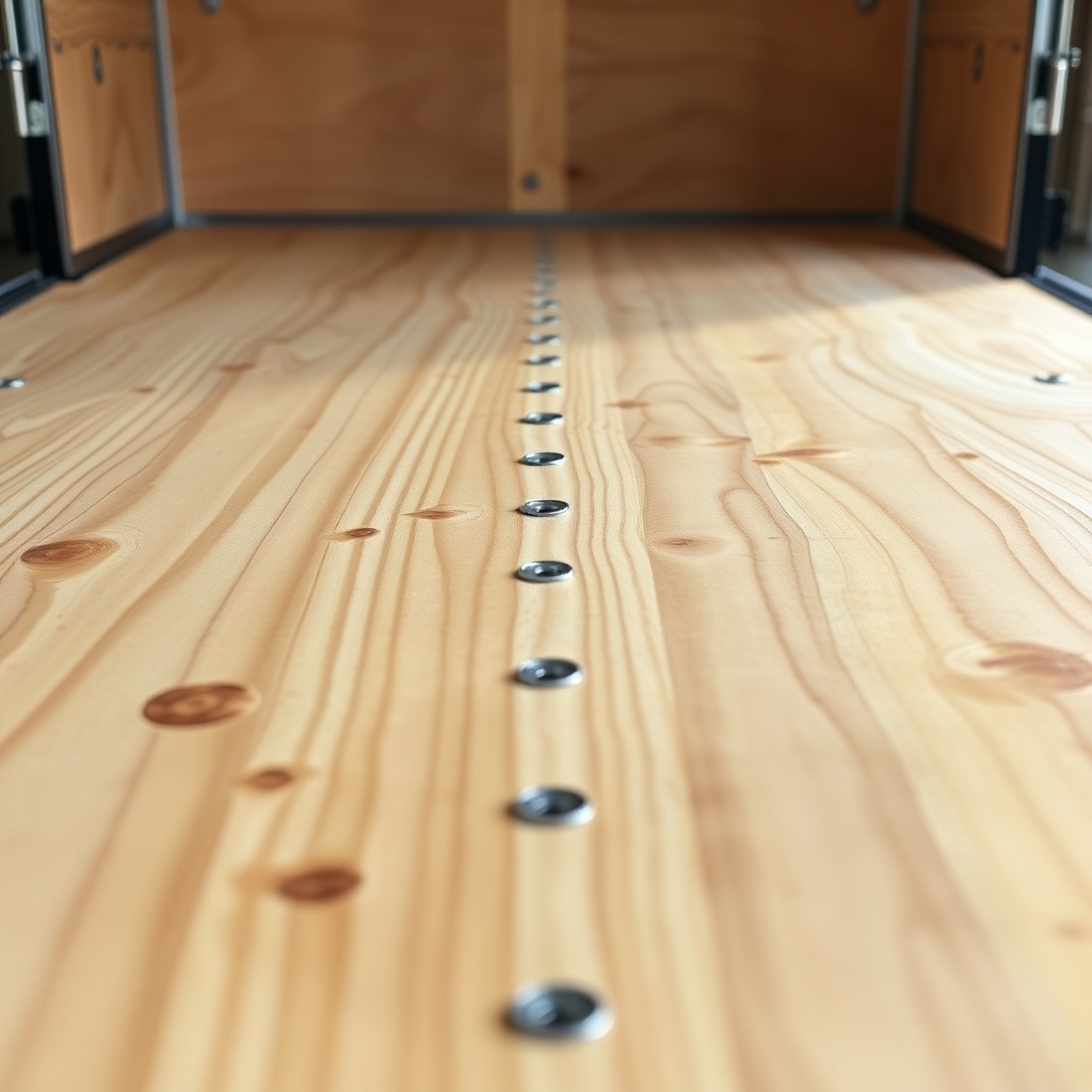A close-up photorealistic photo of a Pennsylvania Cargo 6x12 trailer floor showing a newly