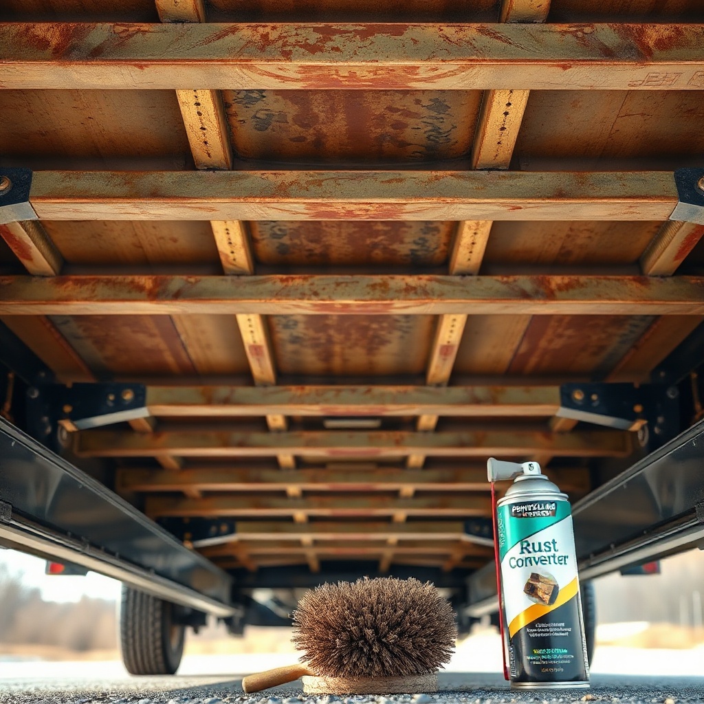 A photorealistic photo showing the underside of a Pennsylvania Cargo 6x12 trailer with vis