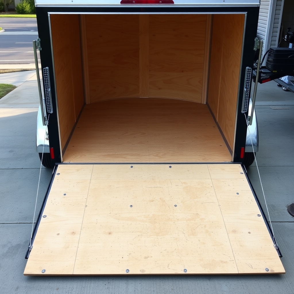 A photorealistic side-angle shot of a Pennsylvania Cargo 6x12 trailer with its rear ramp d