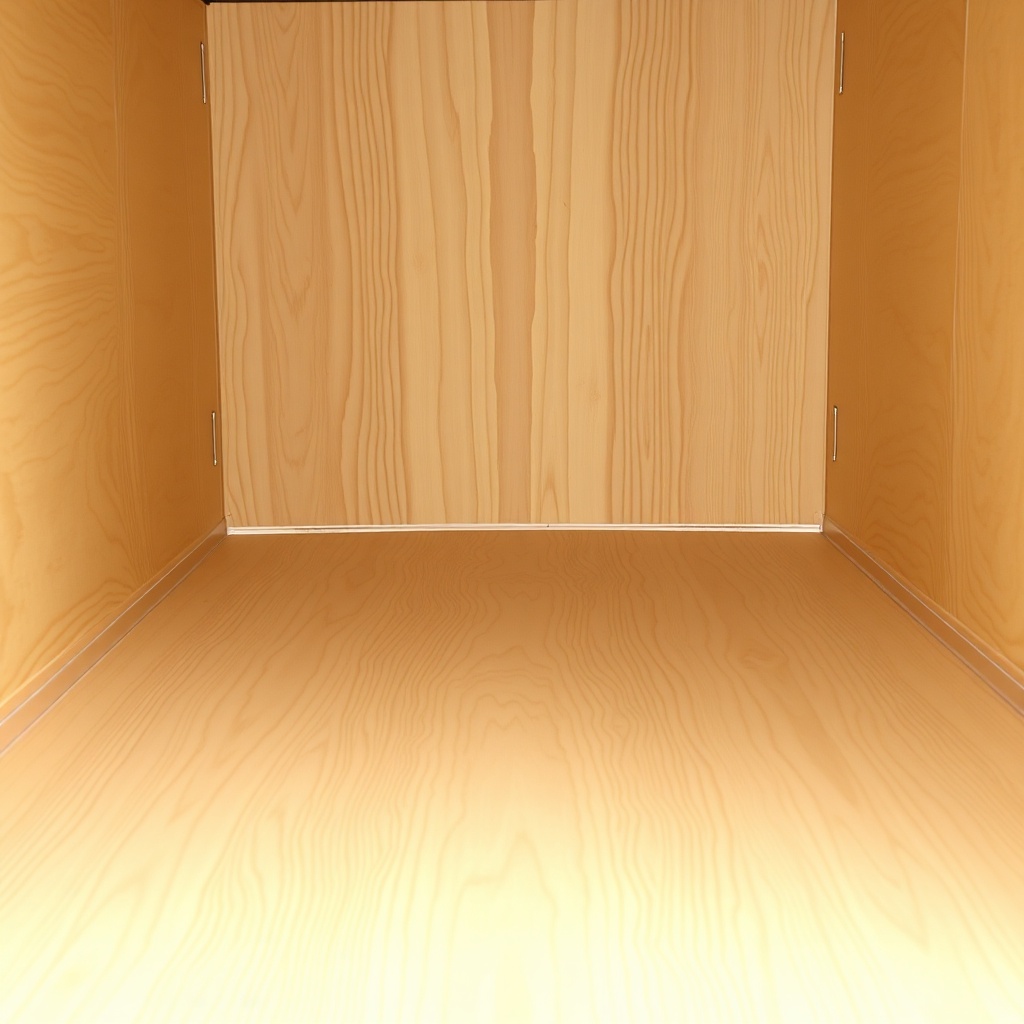 A photorealistic close-up of a freshly sanded and refinished plywood floor inside a Pennsy