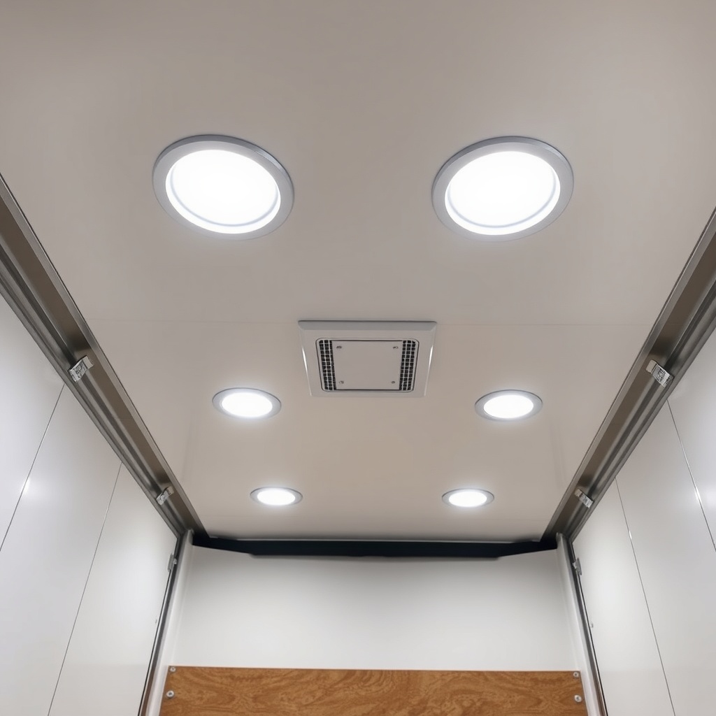 Overhead view of a clean 6x12 cargo trailer interior with four recessed LED lights install