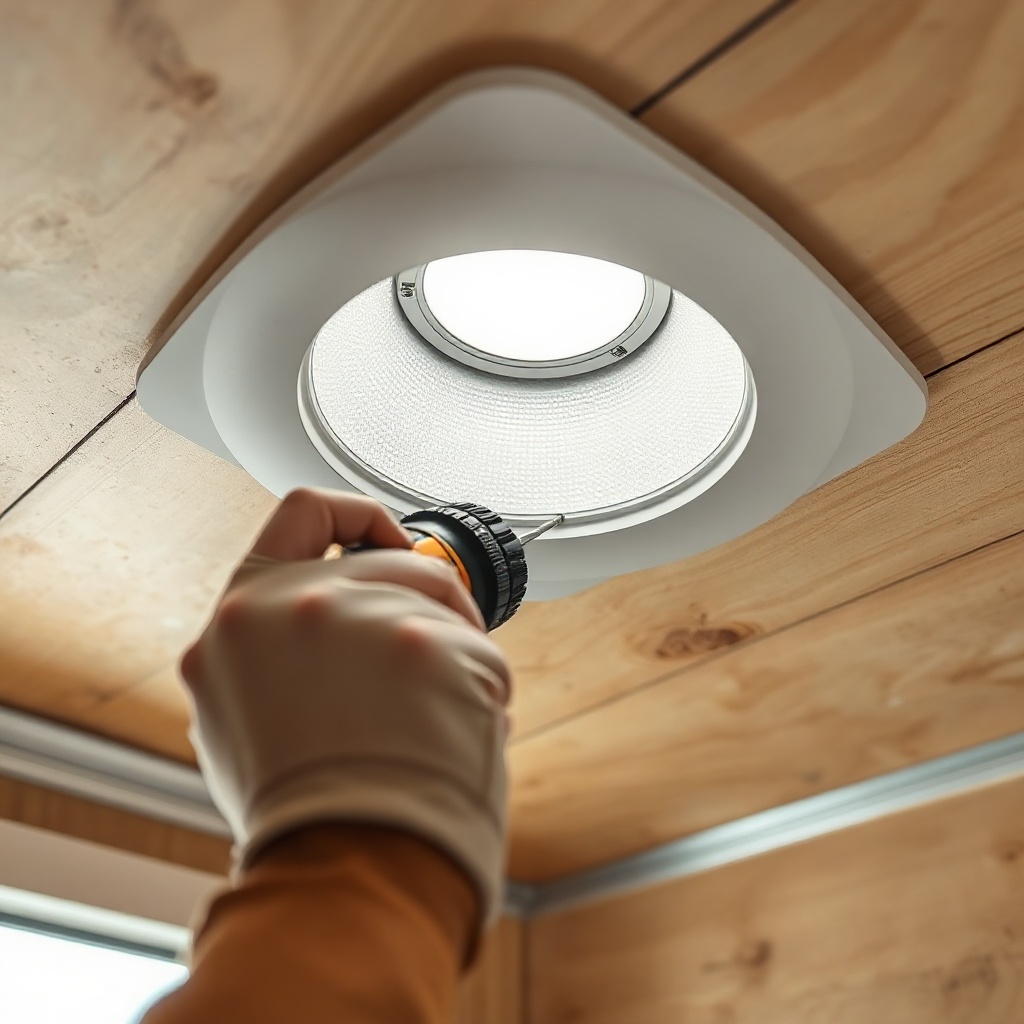 Close-up of a recessed LED light being installed in a trailer ceiling