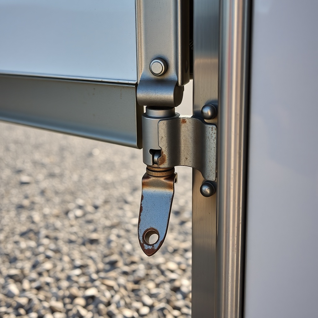 A photorealistic close-up of a Pennsylvania Cargo 6x12 ramp door hinge showing corrosion a