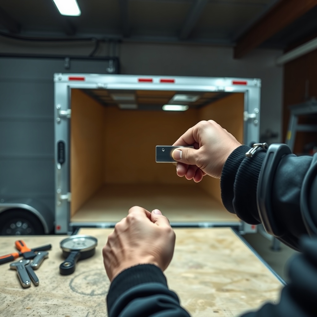 A photorealistic mid-shot of a person’s hands installing a new stainless steel hinge on a