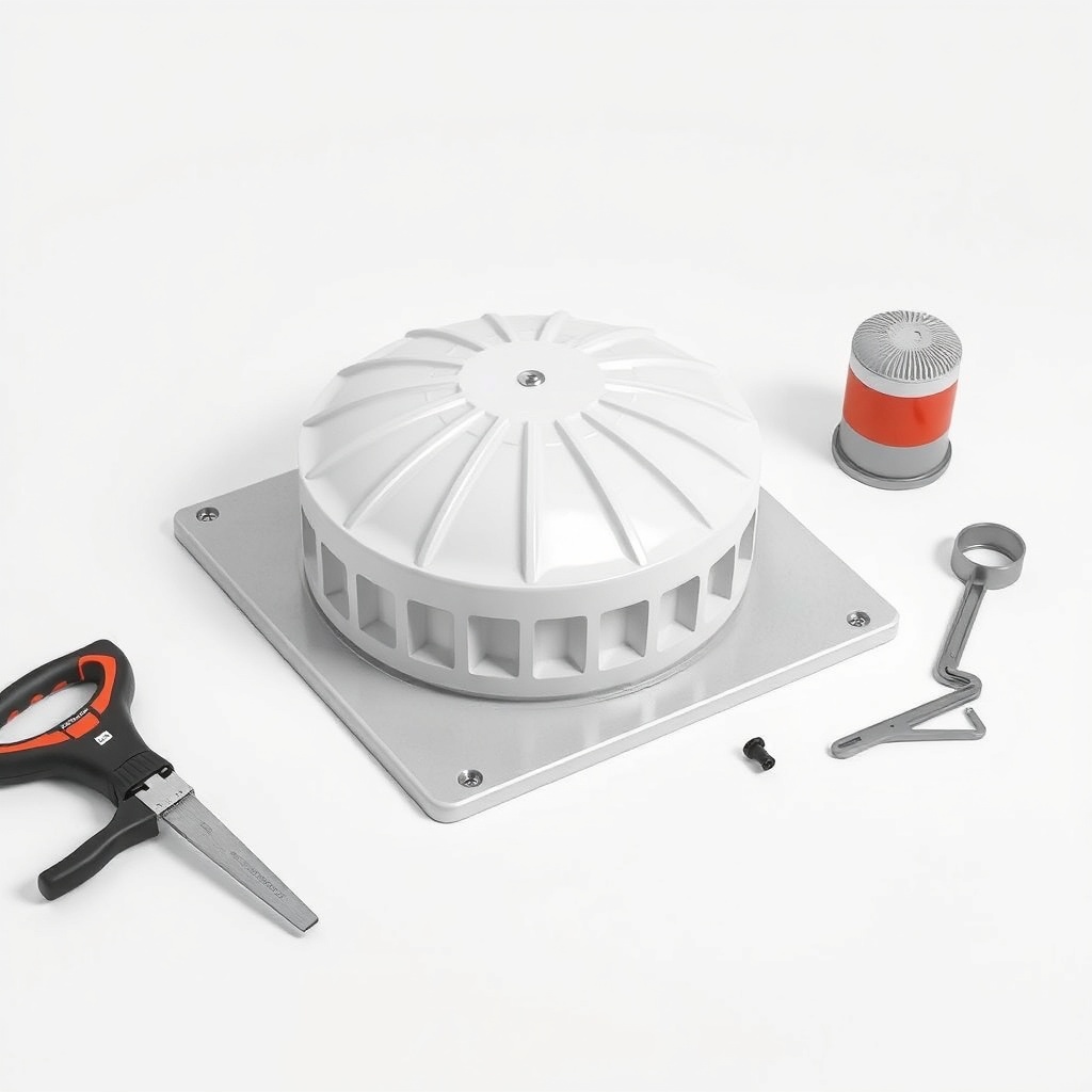 <clean photorealistic photo/illustration showing a roof vent kit laid out on white backgro
