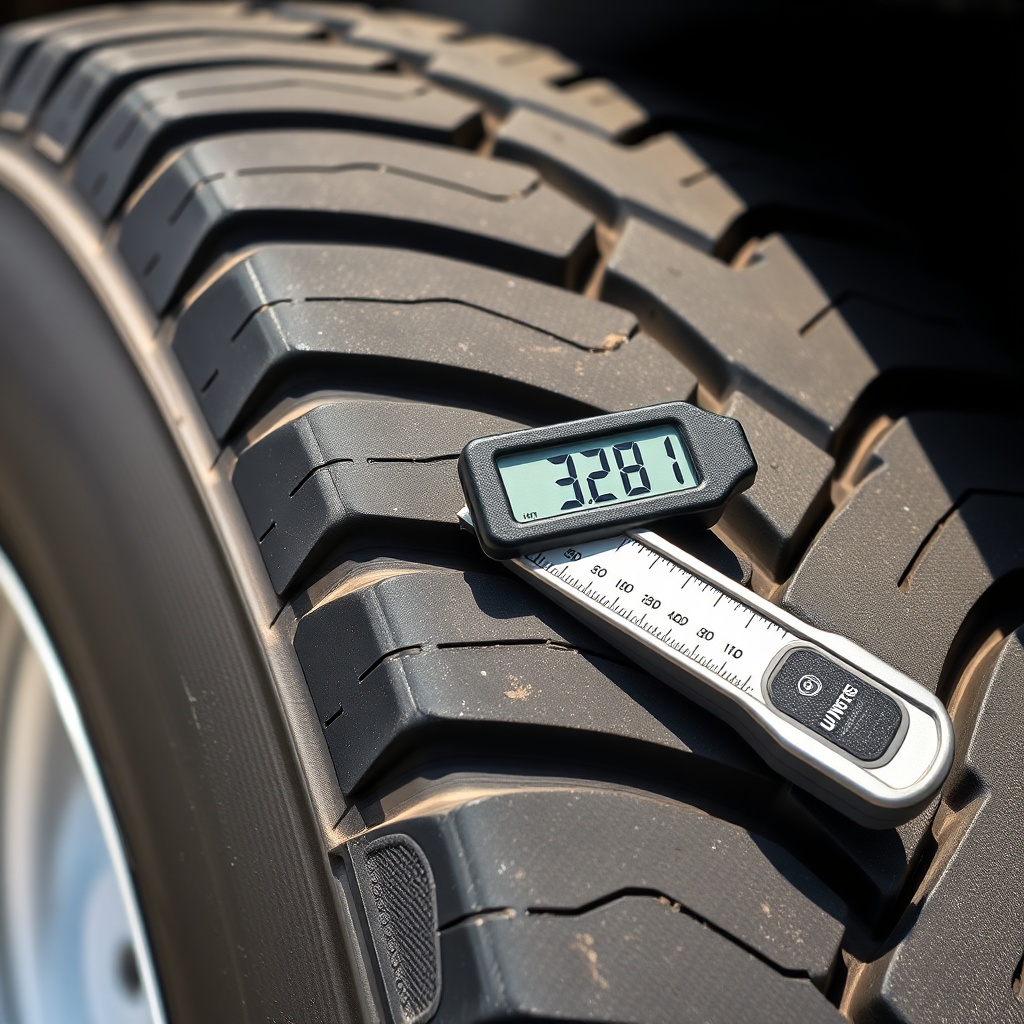 A photorealistic close-up of trailer tire tread showing uneven wear on the outer edge