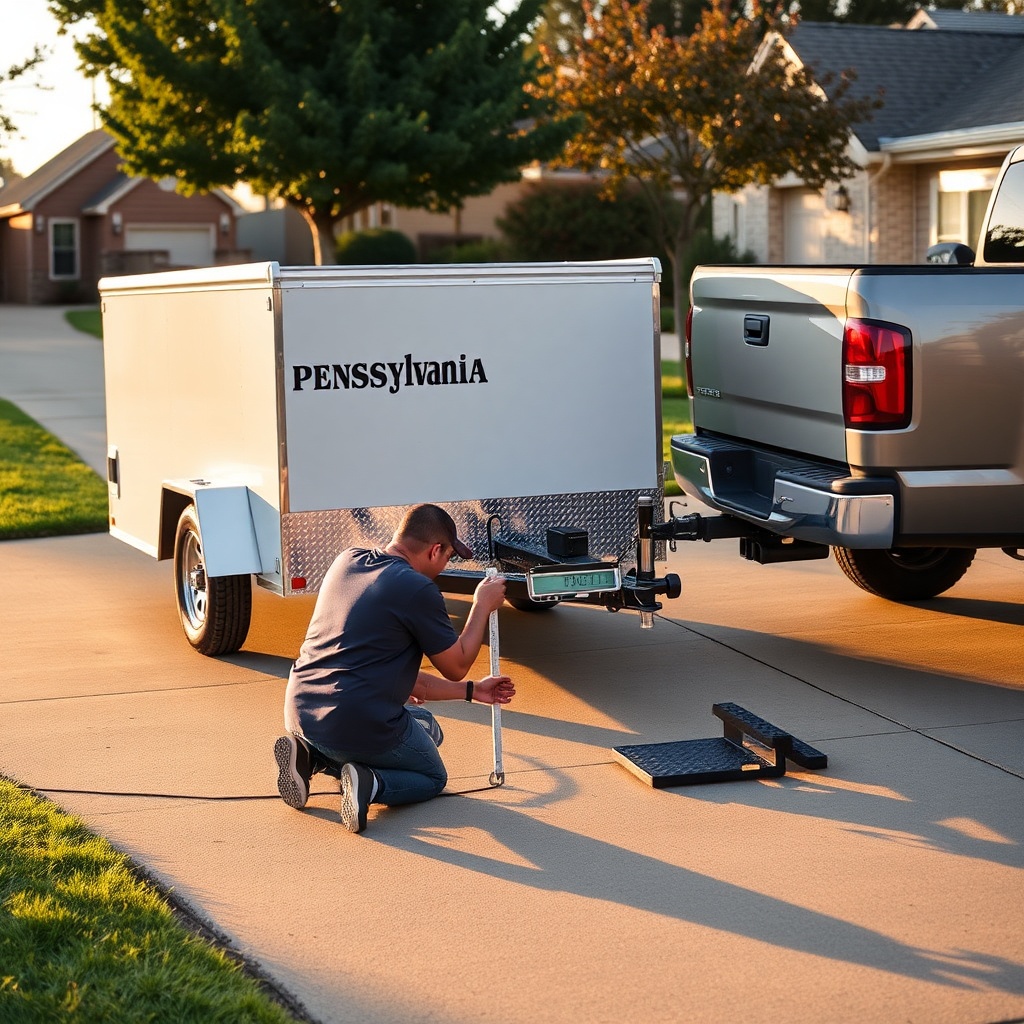 Realistic photograph of a Pennsylvania Cargo 6x12 trailer hitched to a pickup truck