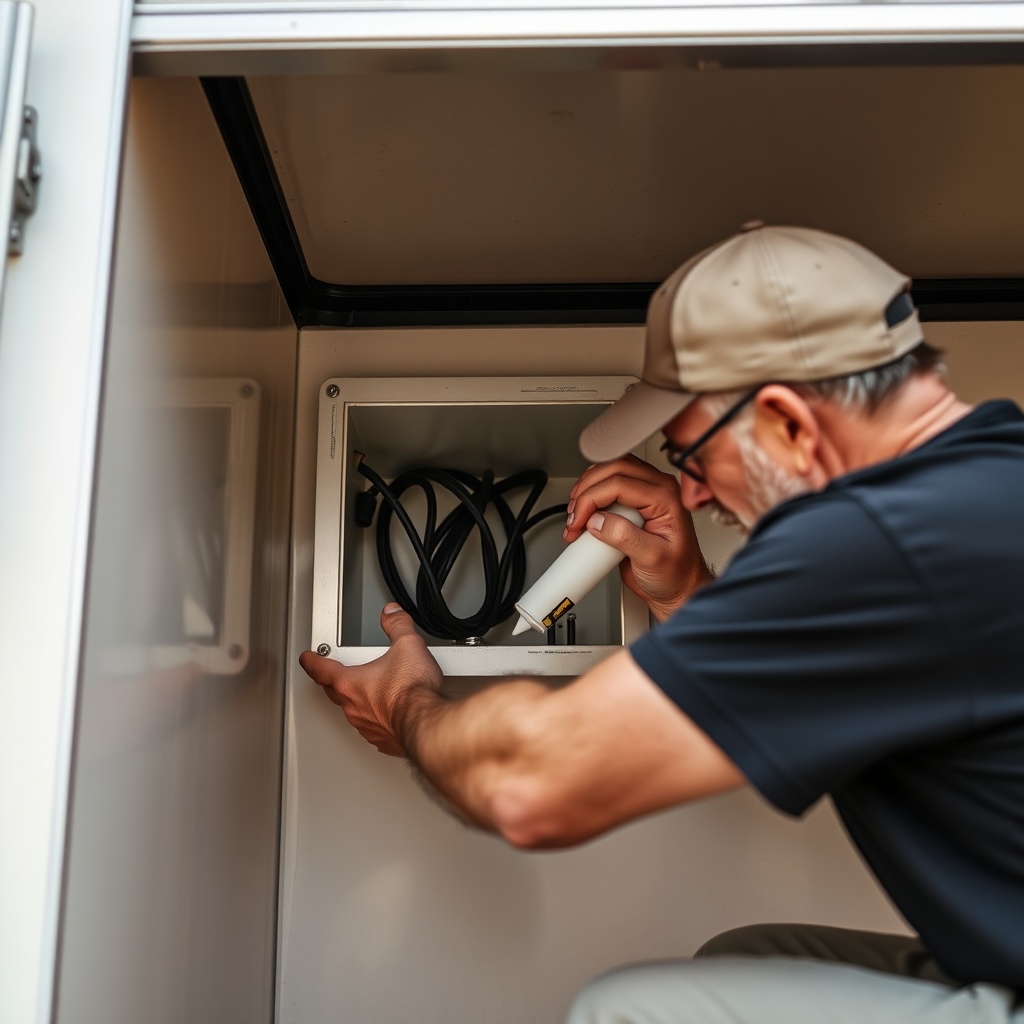 A DIY owner applying white sealant putty around the wiring junction box at the front under