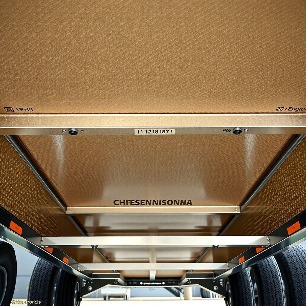 <A photorealistic photo of the underside of a Pennsylvania Cargo 6x12 trailer frame showin