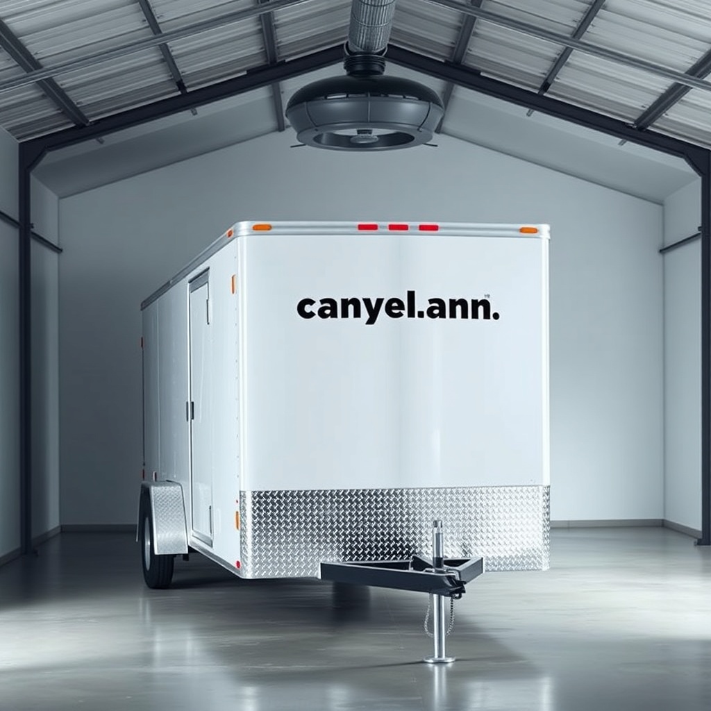 A clean photorealistic photo of a Pennsylvania Cargo 6x12 trailer parked inside a dry gara