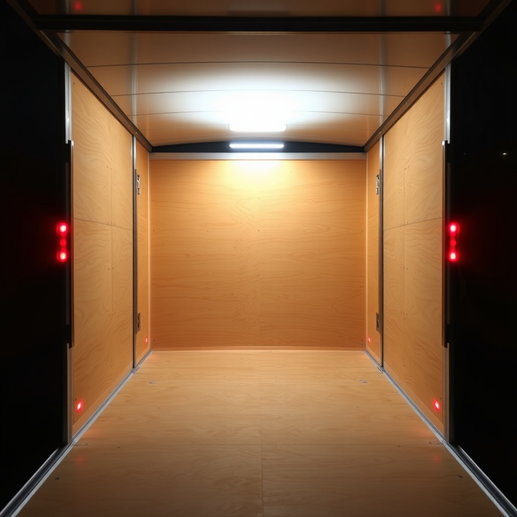 <A photorealistic shot of a Pennsylvania Cargo 6x12 trailer interior at night