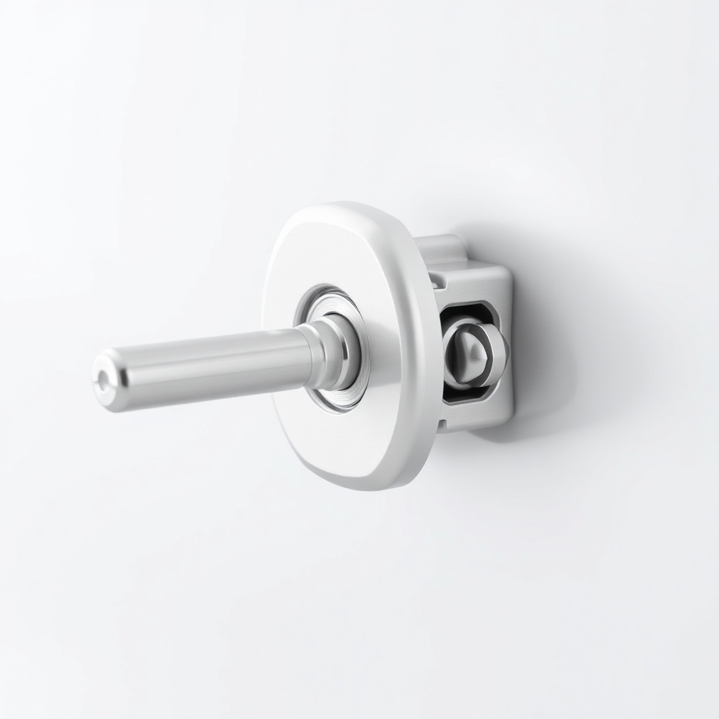 A clean photorealistic close-up photo of a PJ Trailers Pacesetter 7x14 coupling latch mech