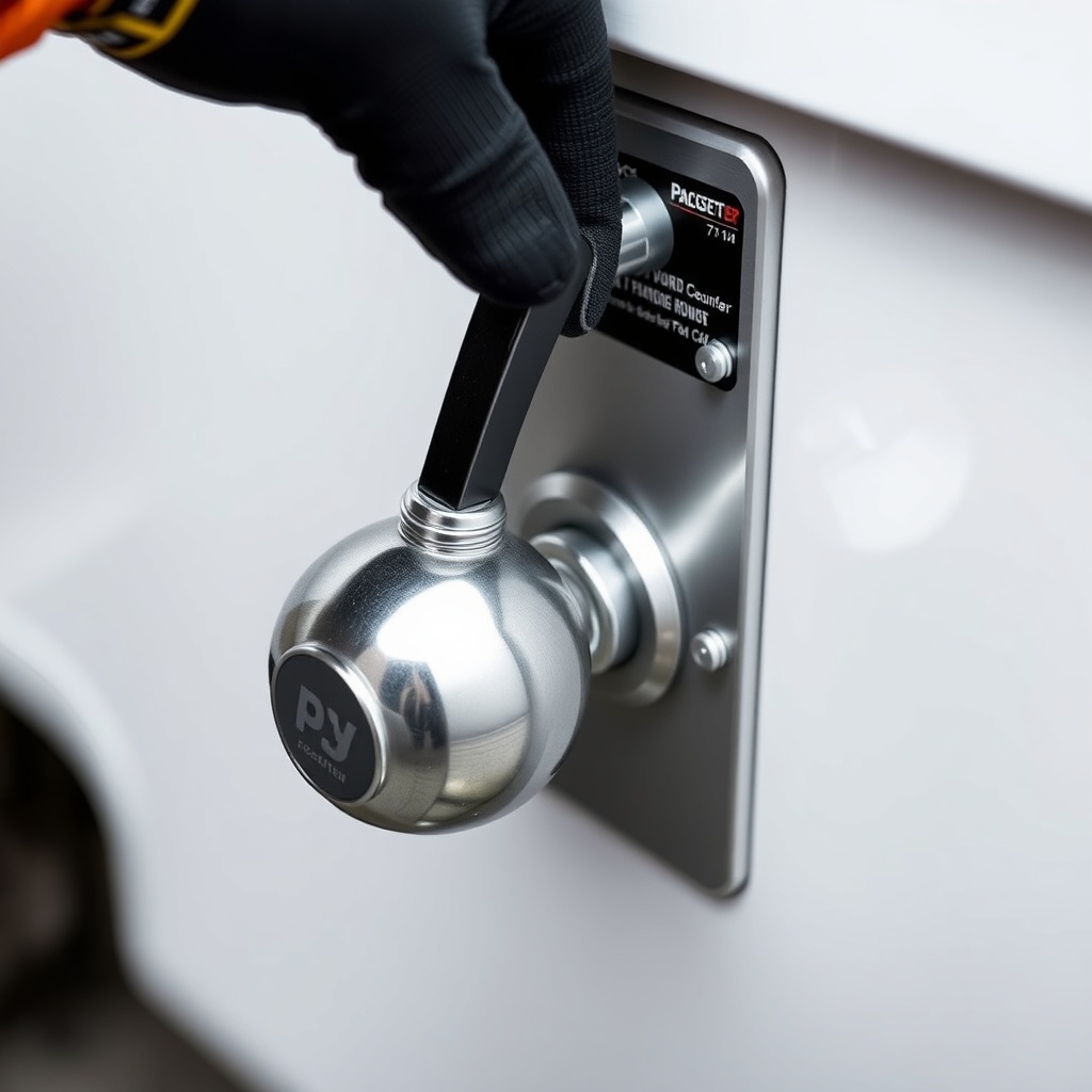 A clean photorealistic photo of a PJ Pacesetter 7x14 coupler being inspected by a gloved h
