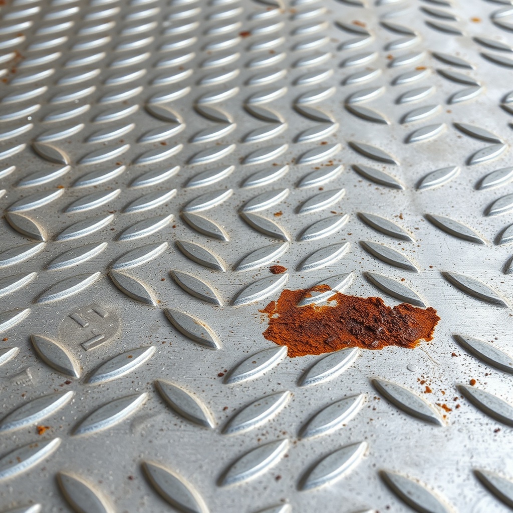 A tight macro view of a PJ Pacesetter 7x14 steel diamond-plate floor with a fresh coat of