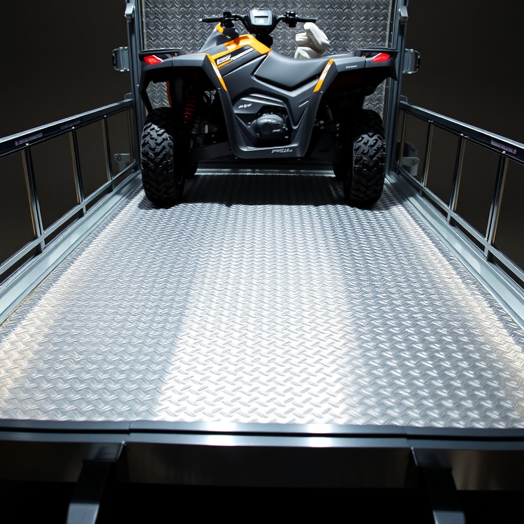 A clean photorealistic wide shot of a PJ Trailers Pacesetter 7x14 with a diamond-plate alu