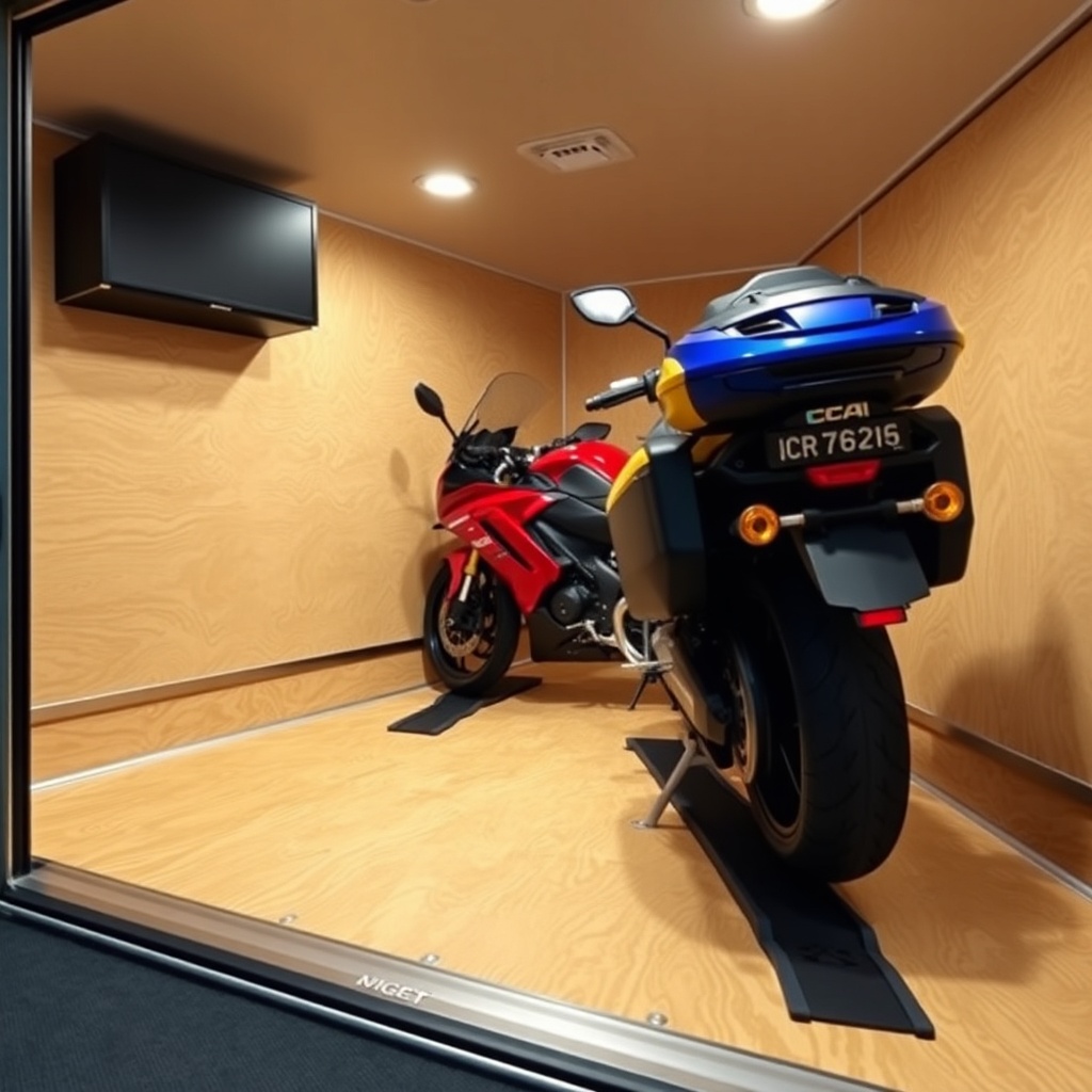 Photorealistic interior view of a PJ Pacesetter 7x14 showing two motorcycle chocks bolted