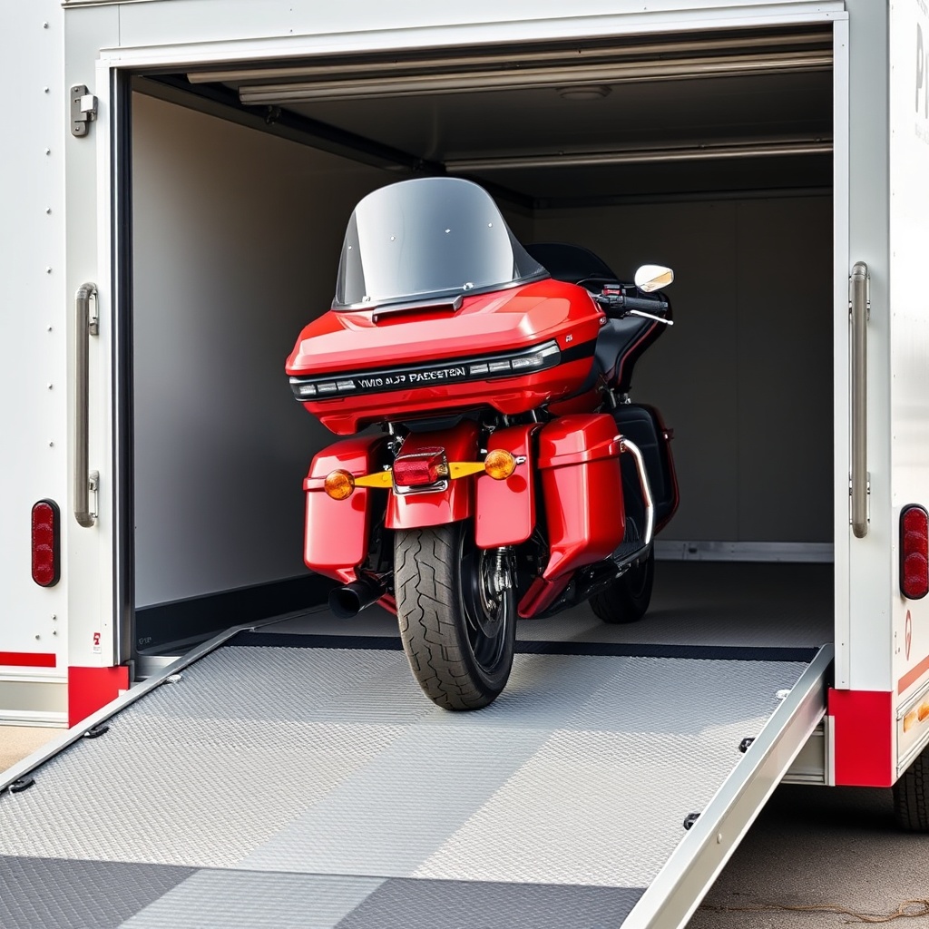 Photorealistic close-up of a motorcycle fairing being loaded onto a PJ Pacesetter ramp wit