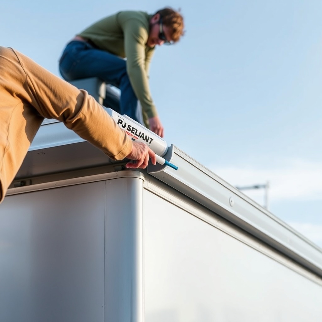 A photorealistic photo showing a person applying white lap sealant along a roof seam of a