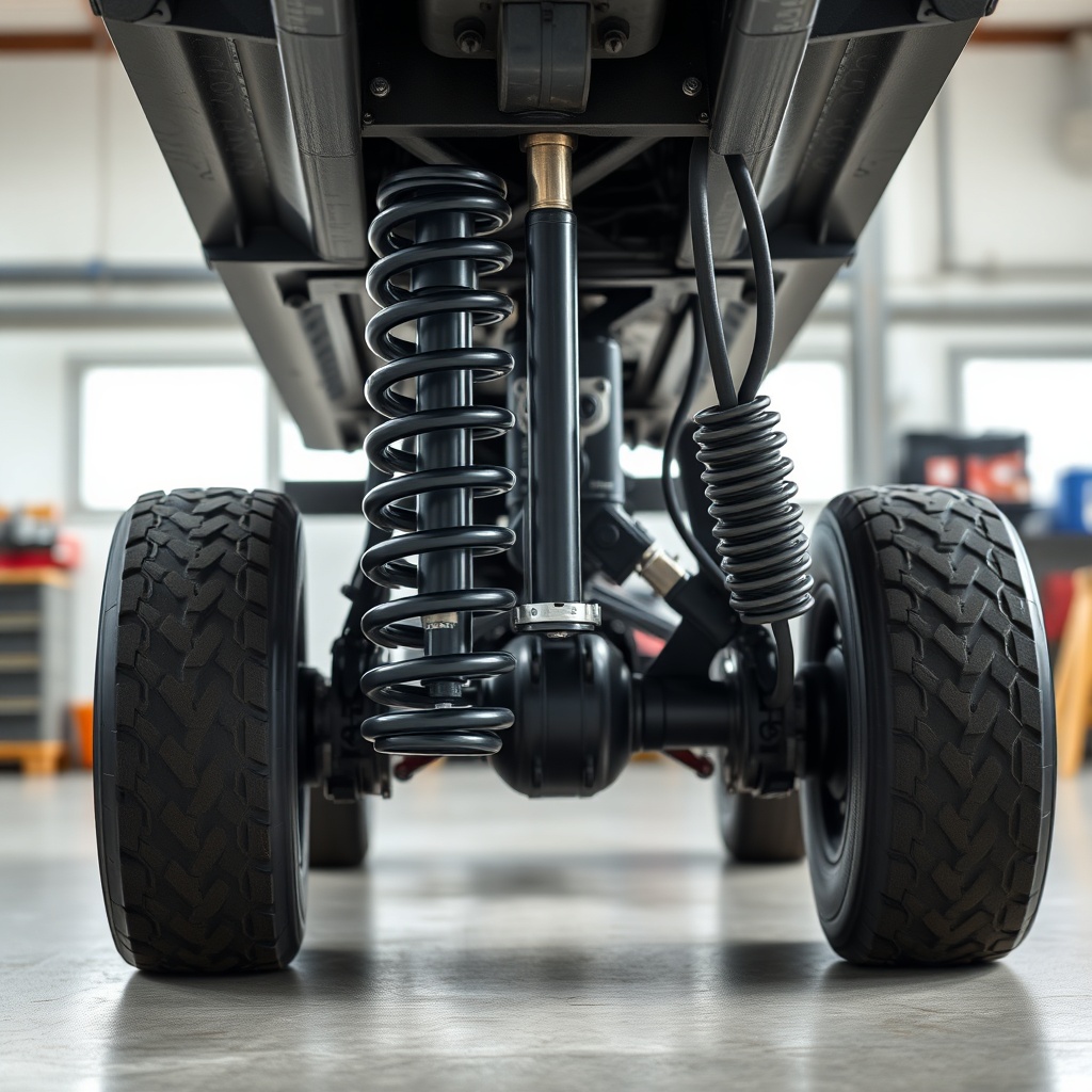 A photorealistic close-up of the suspension on a PJ Pacesetter 7x14