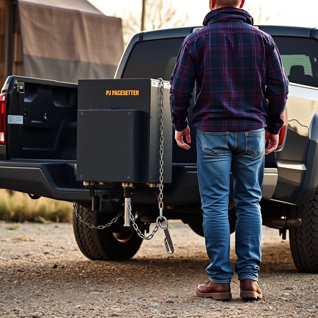 A photorealistic photo of a person walking around a PJ Pacesetter 7x14 hooked to a pickup