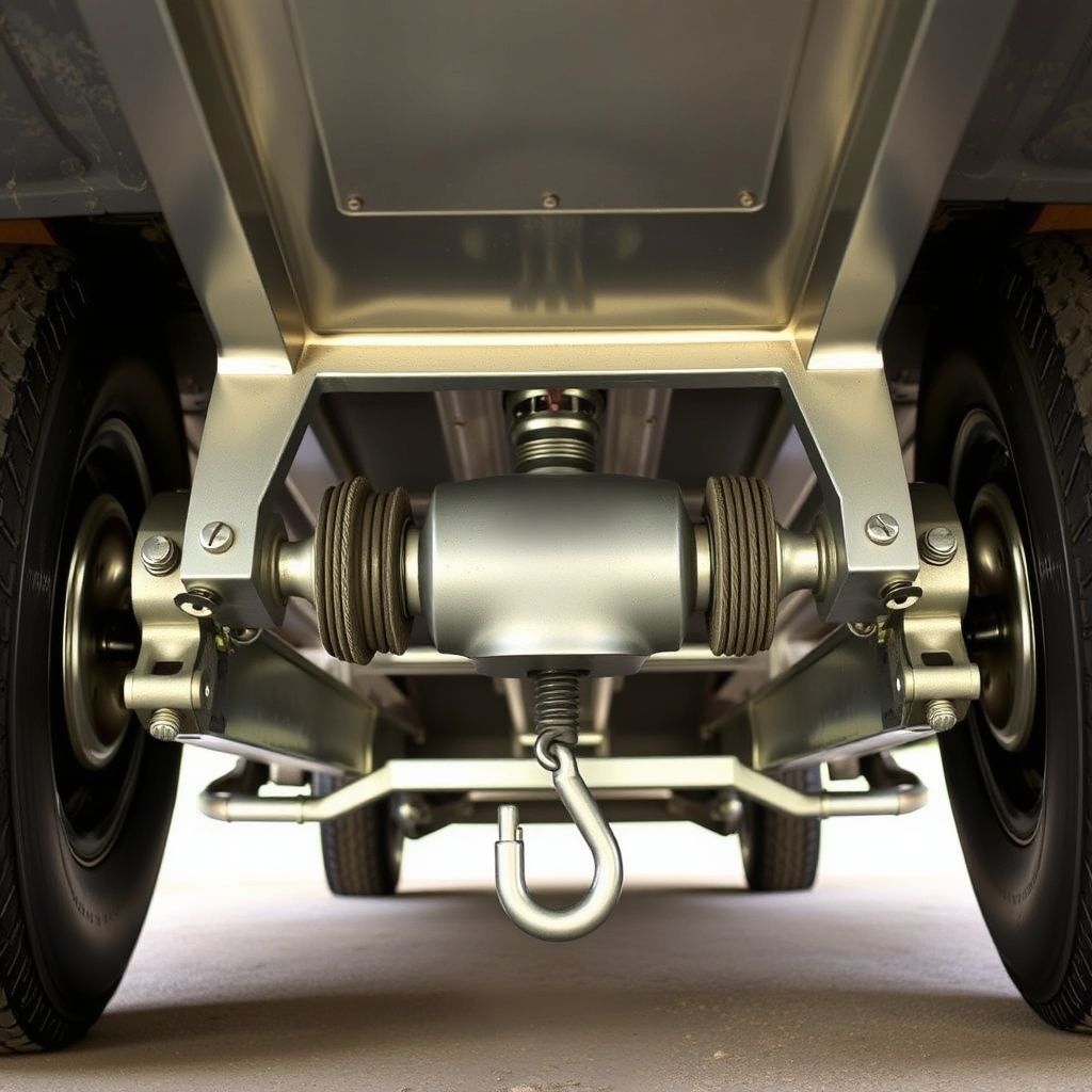 <clean photorealistic photo of a torsion axle installed under a PJ Pacesetter 7x14 trailer