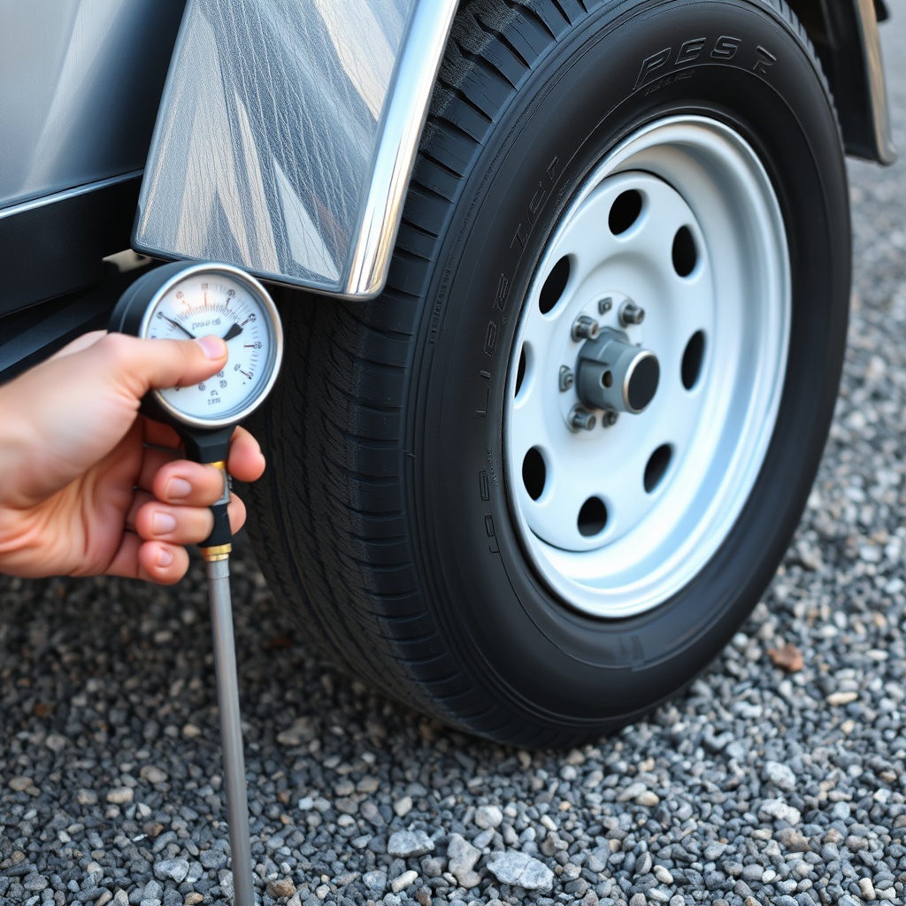 A clean photorealistic photo of a PJ Pacesetter 7x14 trailer tire being checked with a pre