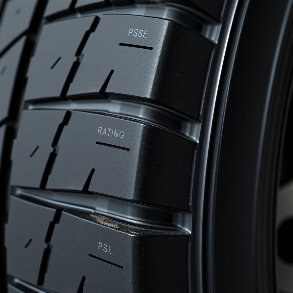 A clean photorealistic photo of a tire sidewall showing load rating stamp and PSI marking