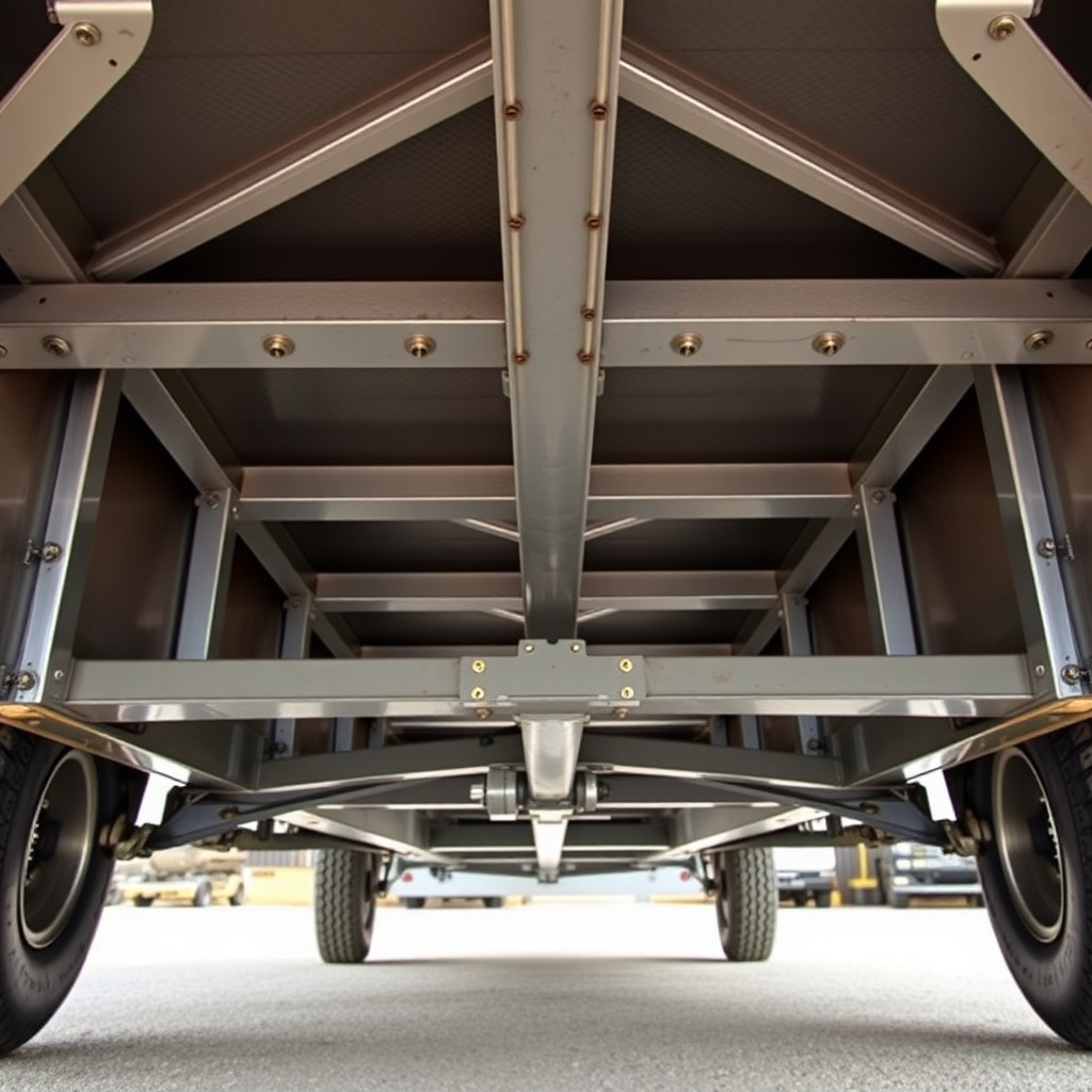 A photorealistic wide-angle photo of the underside of a PJ Pacesetter 7x14 trailer
