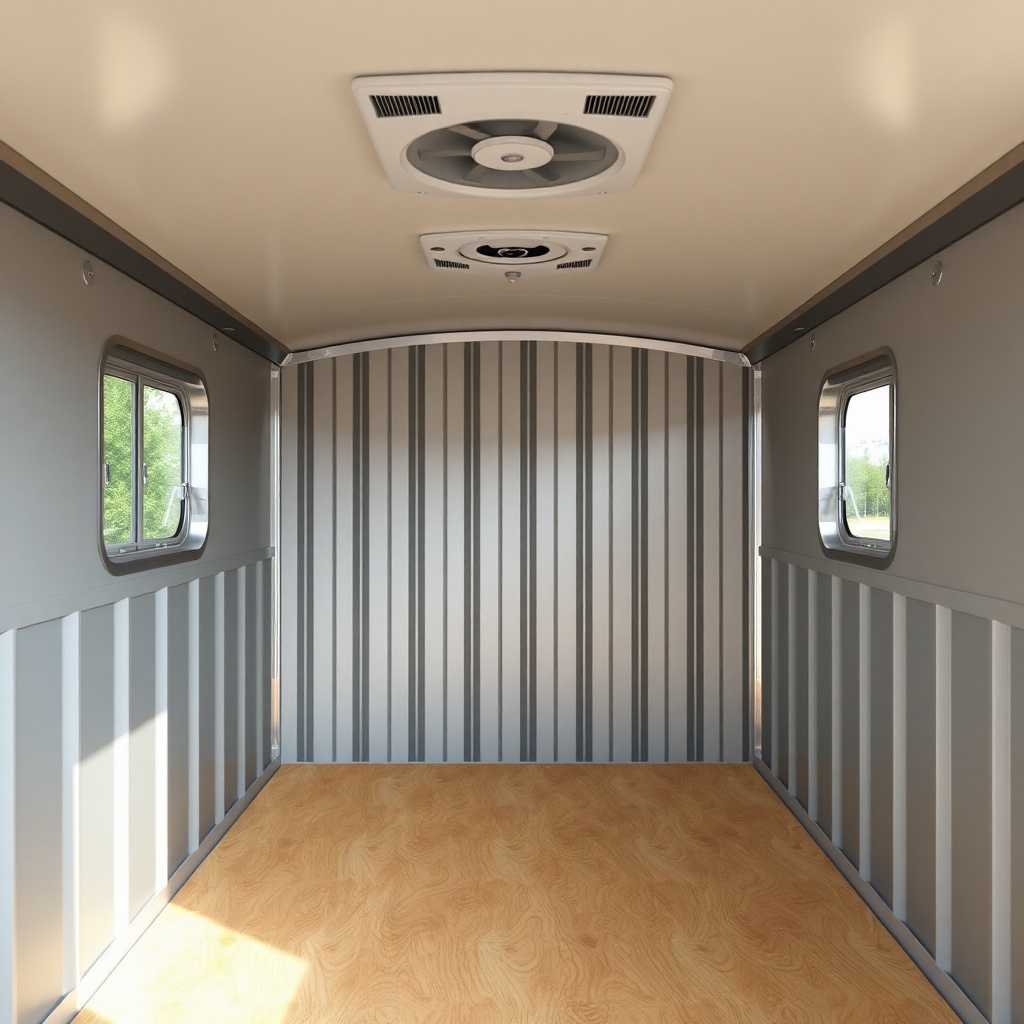 A clean photorealistic interior view of a PJ Pacesetter 7x14 with a plywood floor