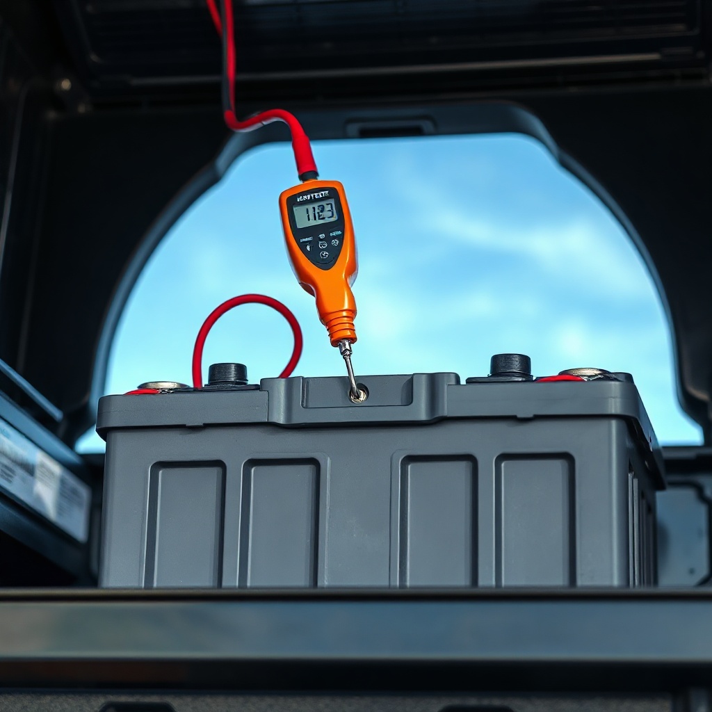 A photorealistic close-up shot of a deep-cycle battery mounted in a Continental Cargo Carg
