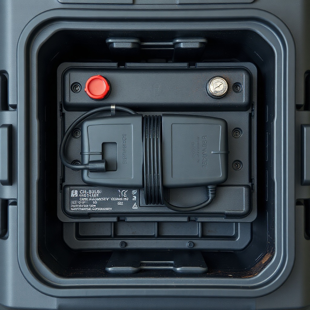 A photorealistic top-down view of a Continental Cargo Cargomate 6x10 battery compartment s