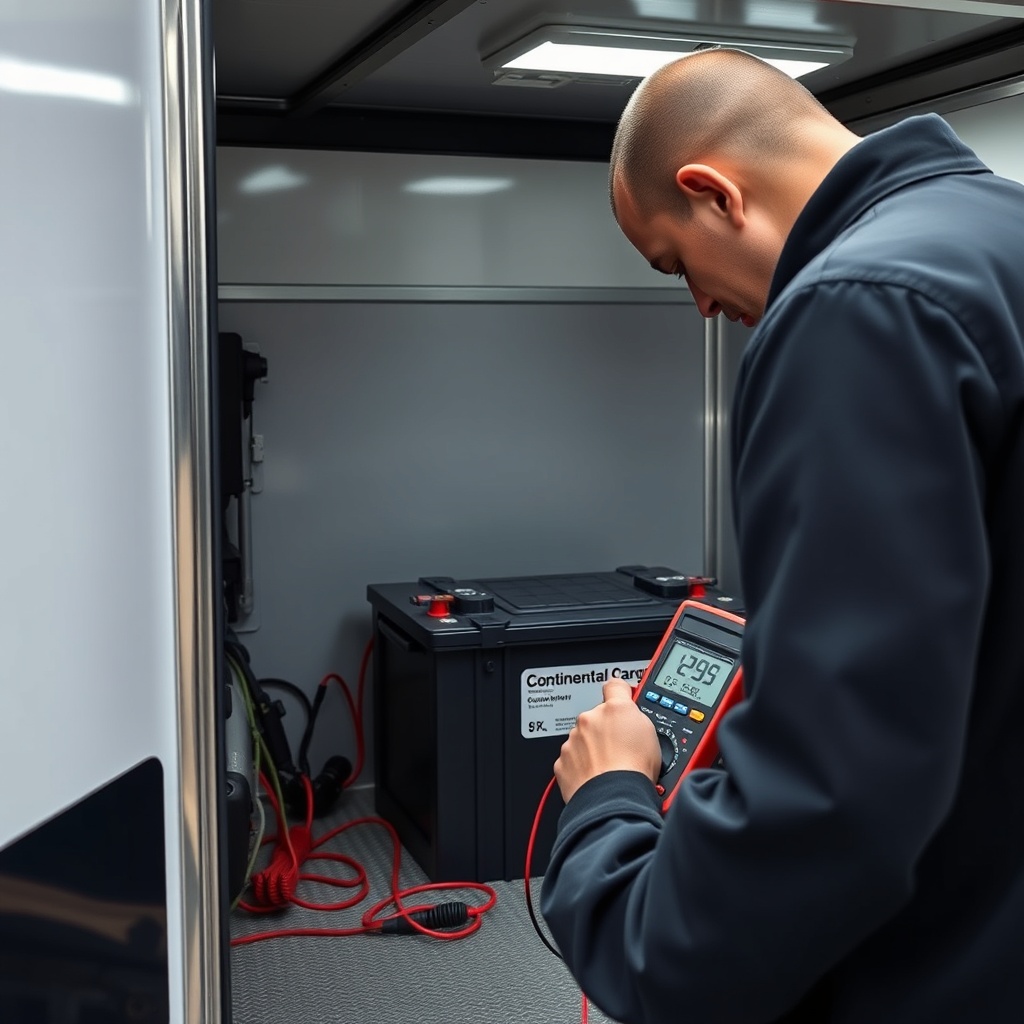<clean photorealistic photo of a mechanic checking voltage on a Group 27 AGM battery in a