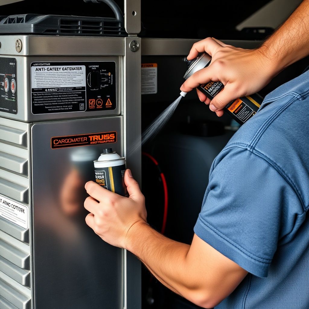 <clean photorealistic photo of a person applying anti-corrosion spray to battery terminals
