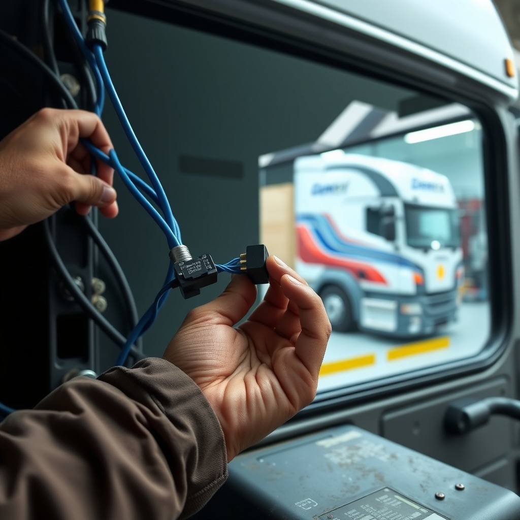A mechanic’s hand connecting a blue wire to a brake controller terminal in a truck cab