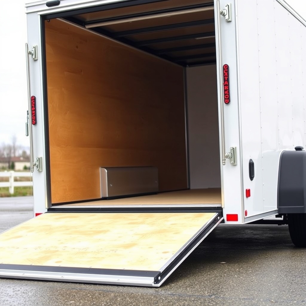 <A clean photorealistic photo showing a Continental Cargo Cargomate 6x10 with its ramp doo