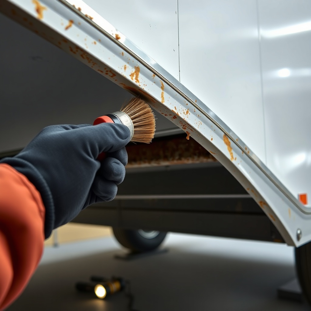 <clean photorealistic photo of a mechanic's gloved hand pointing a wire brush at a rusty c