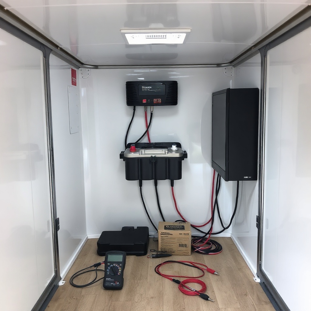 <Photorealistic photo of the interior of a Haulmark Edge 6x12 cargo trailer showing the ba