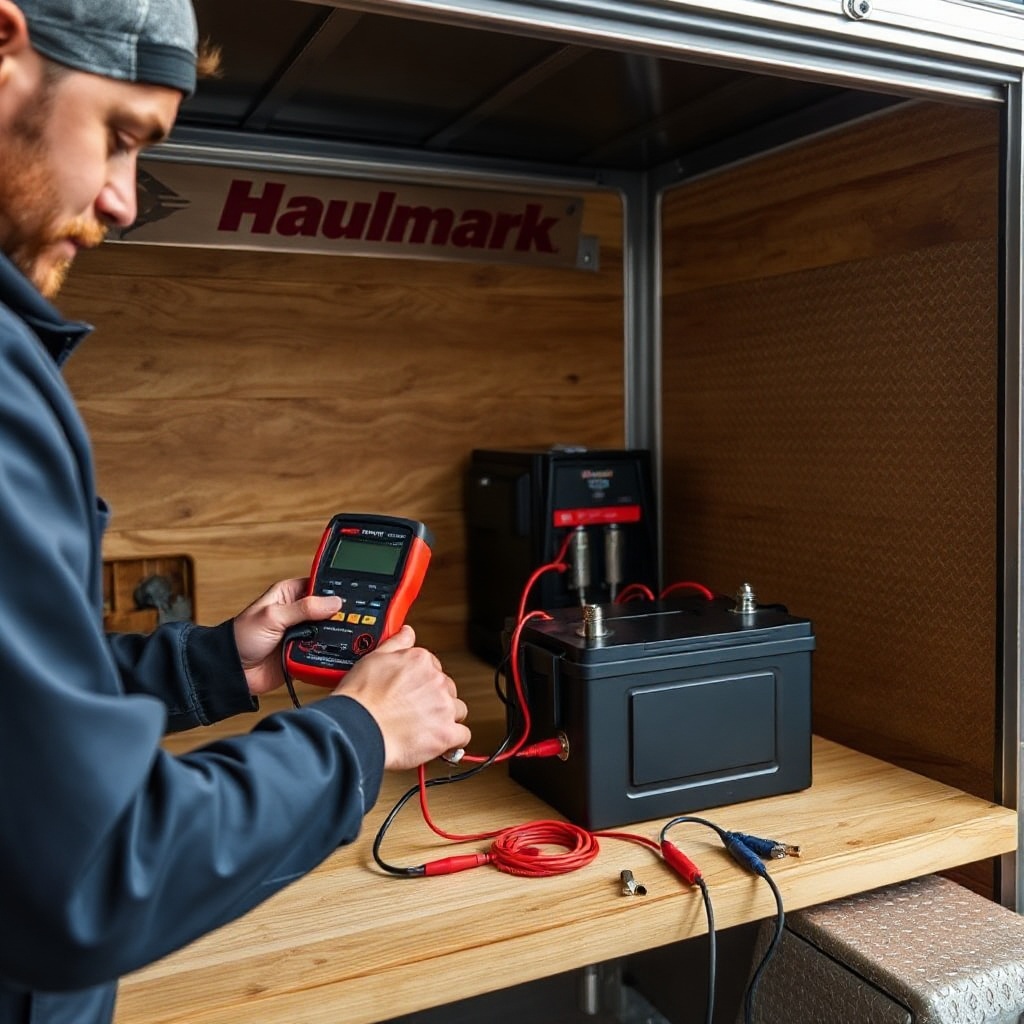 <Photorealistic photo of a mechanic using a digital multimeter to test the battery charger