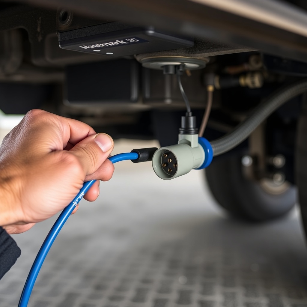 photo of a mechanic's hand connecting a blue wire to the 7-pin trailer plug under a pickup
